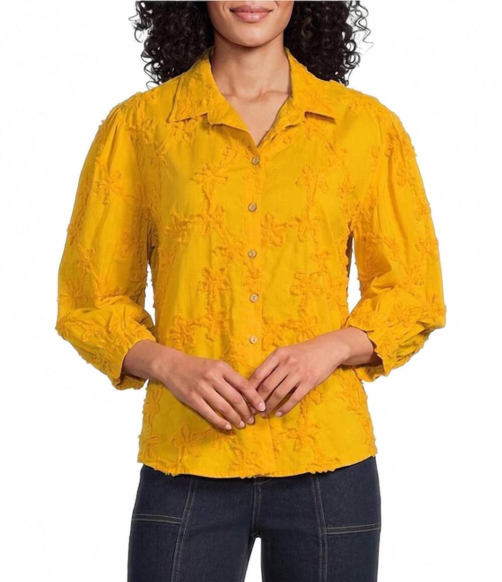 NEW MULTIPLES woven stripe point collar 3/4 sleeve shirt in yellow